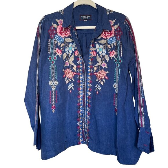 Johnny Was Tops - Johnny Was Womens Blue Linen Long Sleeve Floral Embroidered Button-Up Blouse L